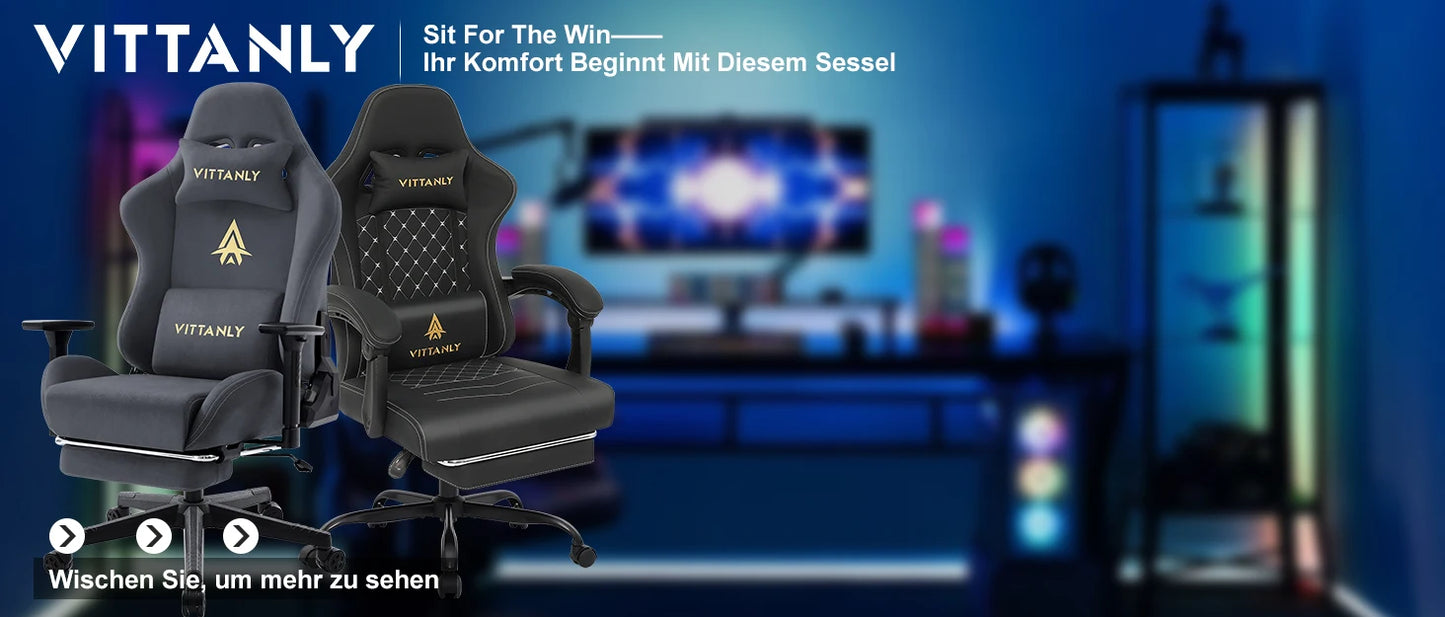 Vittanly Gaming Chair Ergonomic Gaming Chair with Headrest, Lumbar Cushion and Footrest, Height-Adjustable Rotating Office Chair