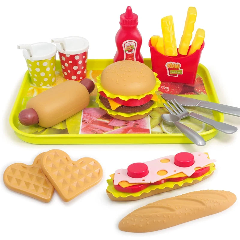 Låtsasmat för barn – hamburger, varmkorv och pommes för rollekar