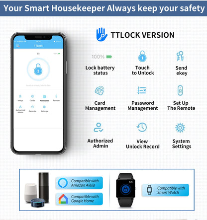 TTlock APP Control Smart Lock, Electronic Password Lock, Adjustable Length Smart Lock, Electronic Lock with RFID Card Application, Bluetooth, 60-90mm Silver,Simple Access for Relatives and Guests