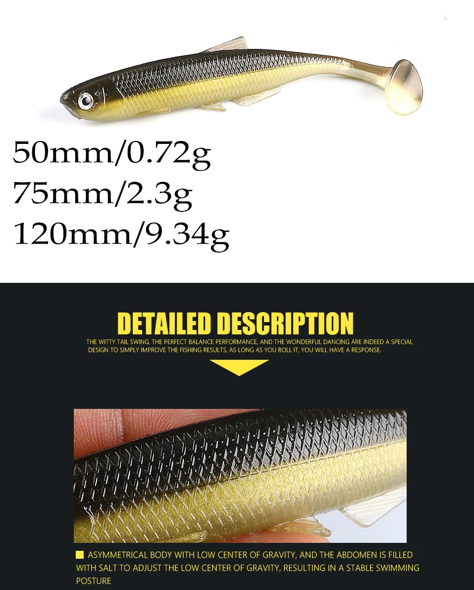 Supercontinent leanness ShadTeez T-tail 5cm/7.5cm/12cm Pike Zander Predator Fishing 3d eyes Soft lure Fishing lures