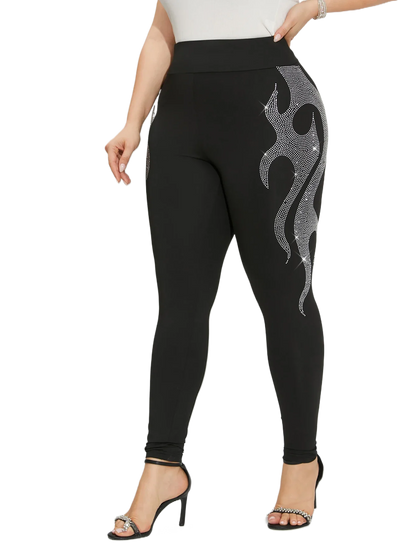 Plus Size Women's Leggings Rhinestone Flame Design Knit Fabric High Elasticity Trousers Comfortable Stylish Female Bottoms