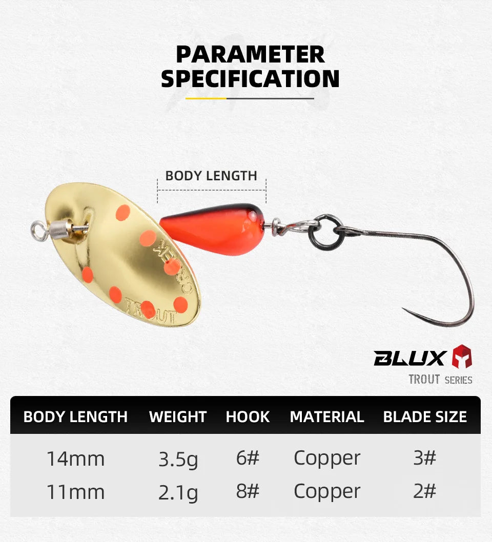 BLUX AR-S Rotating Spinner Metal Lure 2.1g/3.5g Single Hook Artificial Bait Copper Blade Spoon Stream Area Trout Fishing Lure