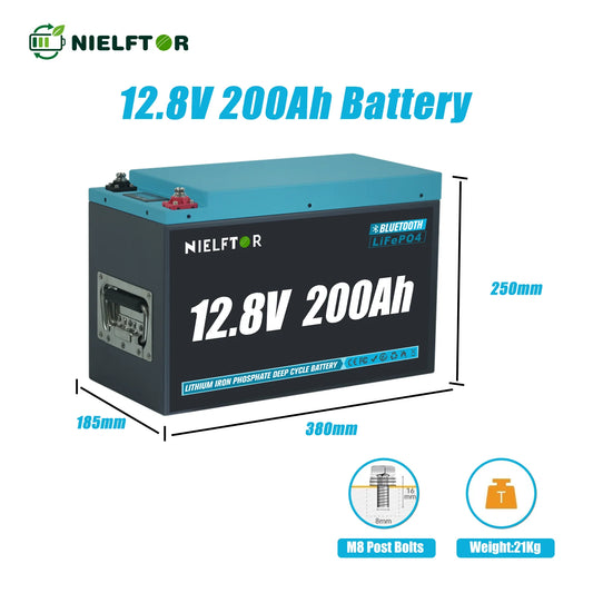 NIELFTOR LiFePO4 Batteri 12,8V 200Ah 2560Wh – Metallkapsling, Bluetooth, 150A BMS, 4S4P (upp till 51,2V 800Ah), >6000 Cykler, 10års Garanti, EU-lager (Polen)