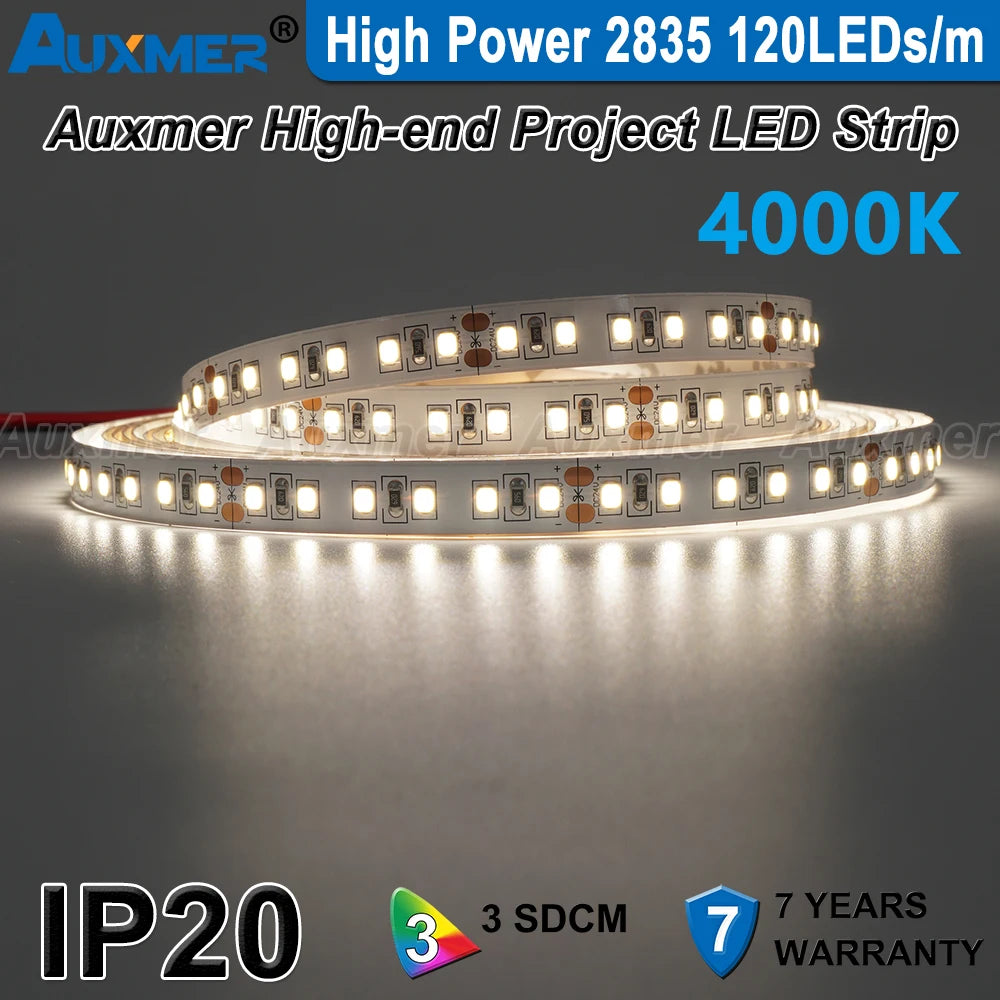 High Power 2835 LED Strip Lights,Mono Color,120LEDs/m 240LEDs/m,CRI＞95/90,3SDCM,Super Bright Flex LED DC12/24V,5m/reel,IP20