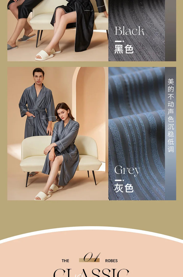 New Stripe Couple Bathrobe Cool Thin Spring Autumn Mid-Length Water Absorbent Loungewear Robe Men Women Luxury Home Nightgown