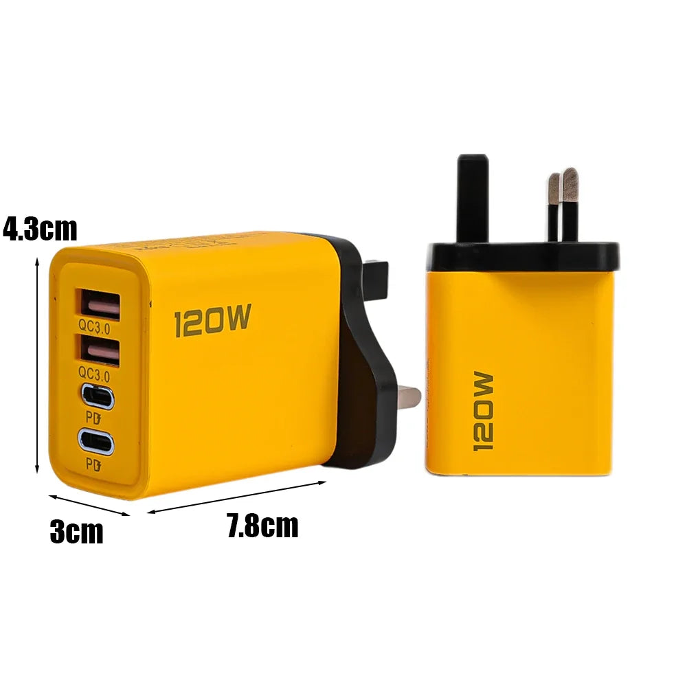 120W Väggladdare med 4 Portar – Dual USB-C PD och Dual USB-A QC 3.0, EU/US/UK-kontakt