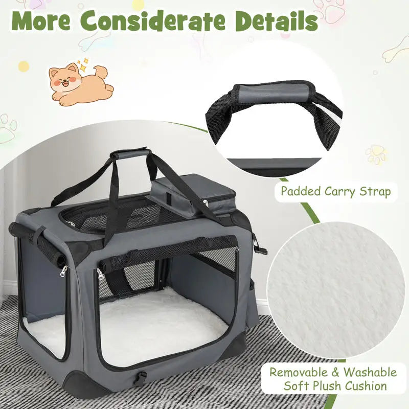 61/72/84/91cm Collapsible Soft Dog Crate with Mesh Windows for Small/Medium/Large Dogs and Cats-Grey-S