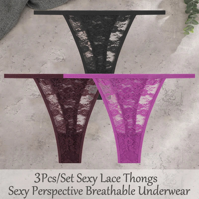 3Pcs/Set Sexy Lace Floral Panties For Women Solid Color Transparent Underwear Female Lace Perspective Hollow Out G-string Thongs