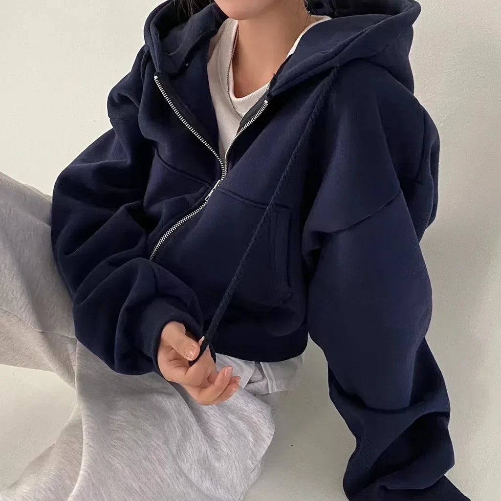 Zippered Long Sleeved Hooded Sweatshirt Loose Casual Simple Trendy Versatile Solid Color Fashionable Lazy Jacket Wholesale
