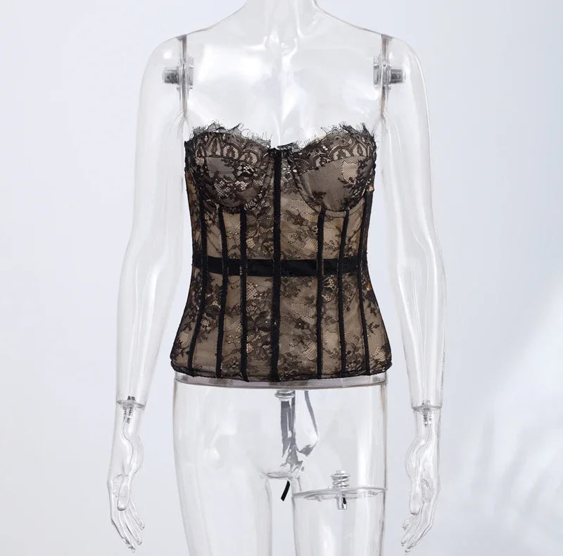 Sexy Women's Lace Fishbone Bandage Vest Black Slim Strapless Backless Female Corset 2026 Spring Summer Lady Beach Party Top New