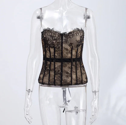 Sexy Women's Lace Fishbone Bandage Vest Black Slim Strapless Backless Female Corset 2026 Spring Summer Lady Beach Party Top New