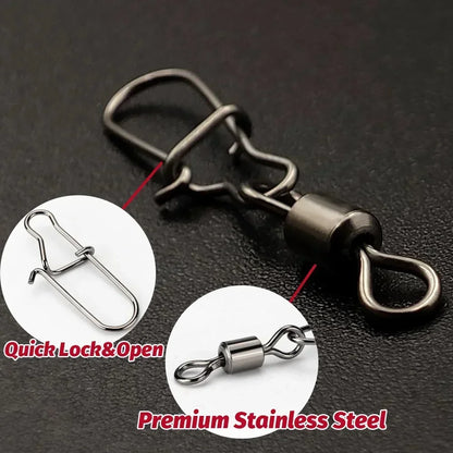 50pcs/box Swivel Snap Connector Pin Rolling Ring Fishing Tackle Box Buckle Hook Lure Kit Wire Rotate Bearing Pesca Tool Gear