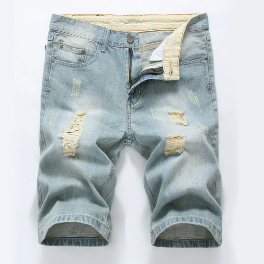 Vintage denim-shorts för herr – tvättade med slitningar och lappar, streetwear