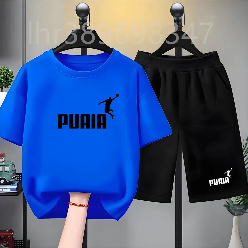 Summer Kids Print 2pcs Breathable Tees+Shorts Leisure Suits 3-12 Years Boys Girls Outfits Children Cool Black White Clothes