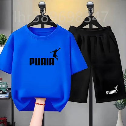 Summer Kids Print 2pcs Breathable Tees+Shorts Leisure Suits 3-12 Years Boys Girls Outfits Children Cool Black White Clothes