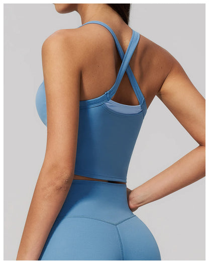 Women Criss Cross Back Yoga Tank Top Push Up Sports Bra Fitness Running Workout Gym Vest Color Block Sport Underwear Crop Top