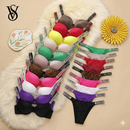 Victoria Secret Shine Script Thong Panty Very Sexy Logo Shine Strap Push Up Bra Set Sexy Women Lingerie Hot