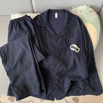 Herr Pyjamas 2-delad – Vintage Rutig Broderad Hund, Plus Size L–3XL, 5 Motiv