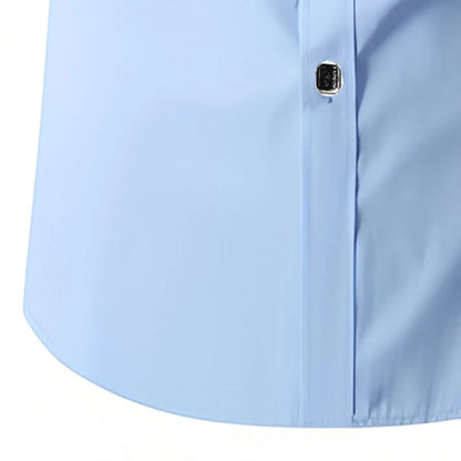 Men's Solid Blue Shirt Long Sleeve Slim Fit with Black Buttons Wrinkle-Free Stretch Fabric for Business Wedding & Daily Wear