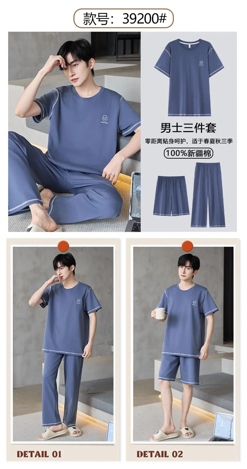 Short Sleeves & Shorts & Long Pant 3Pcs/set Cotton Nightwear for Men Summer Breathable Casual Sleepwear Male Loungewear Hombre