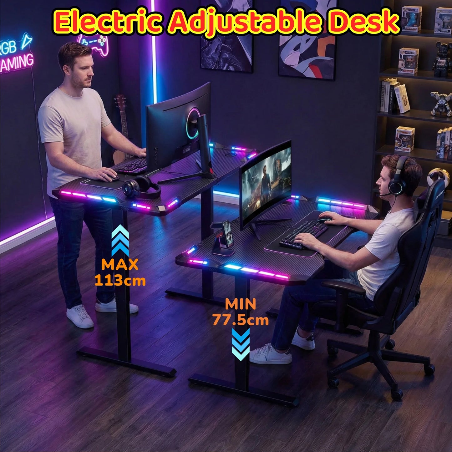 120/140/160cm Electric Height Adjustable Table, Ergonomic Gaming Desk with LED Lights, Carbon Fiber Desktop for Home Office