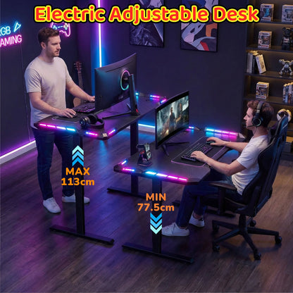 120/140/160cm Electric Height Adjustable Table, Ergonomic Gaming Desk with LED Lights, Carbon Fiber Desktop for Home Office