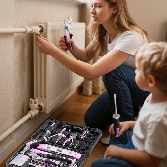 Enventor Verktygsväska med verktyg, rosa, 158 delar