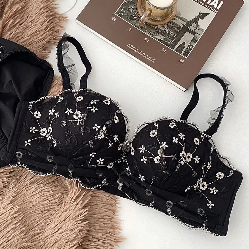 Lace Floral Embroidery Sexy Bra Comfortable Adjustable Women Underwear 3/4 Cup Wireless Girl Brassiere Bralette