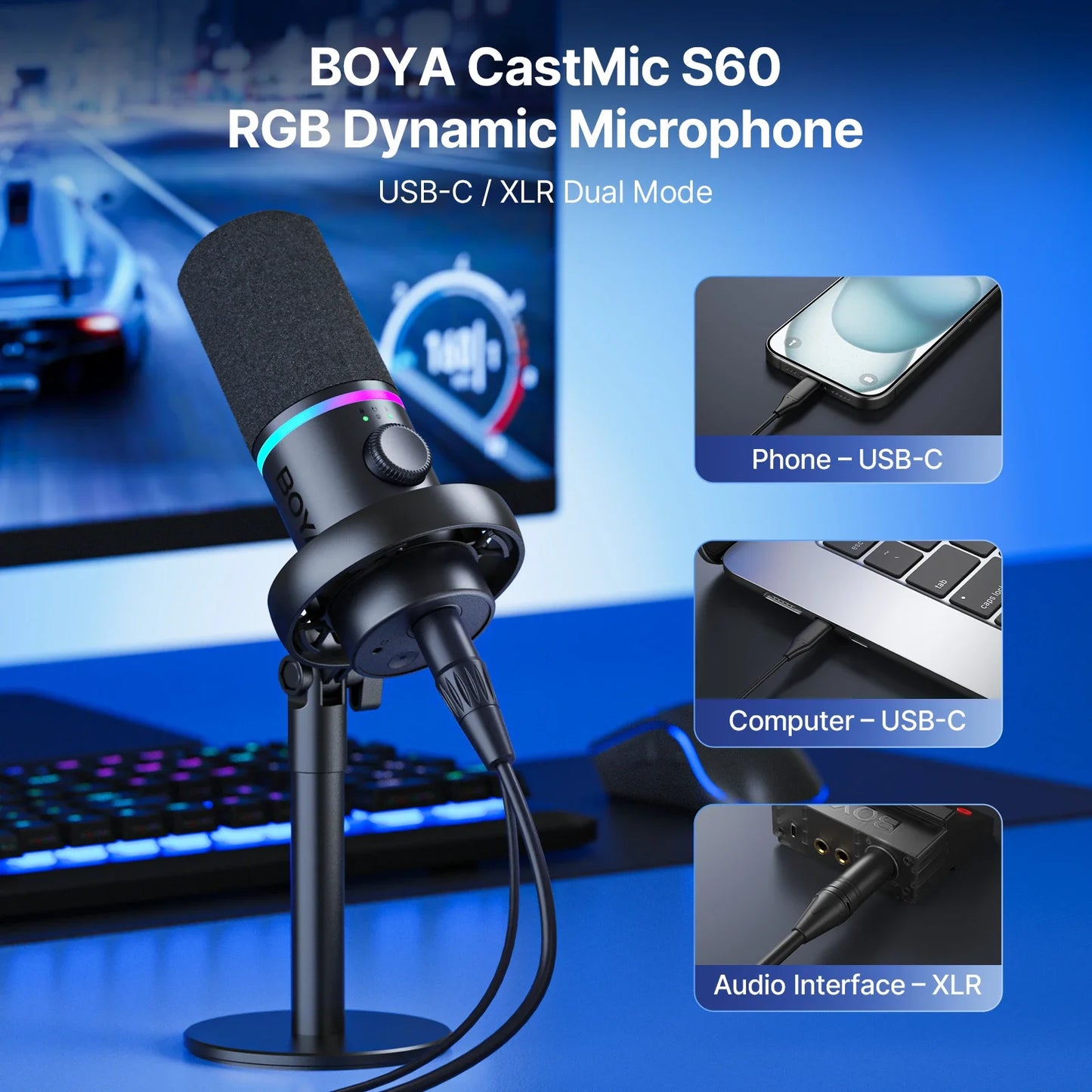 BOYA CastMic S60 USB/XLR Dynamic Microphone with RGB for Gaming, Streaming, Podcasts Studio Grade 4 in 1 Support Phone PC Laptop