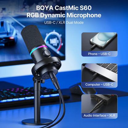 BOYA CastMic S60 USB/XLR Dynamic Microphone with RGB for Gaming, Streaming, Podcasts Studio Grade 4 in 1 Support Phone PC Laptop