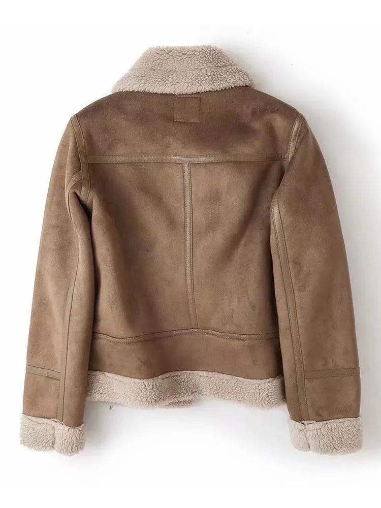 Varm Lammskinnsjacka Dam – Kort Motorcykelstil, Faux Shearling, Mocka, 2 Färger, XS–XL