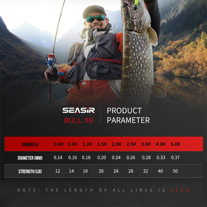 Seasir RedBull 8 Braided Pe Fishing Line 150M 0.8-5.0 12-50LB Japan Quality Multifilament High Stength Strands Main Line
