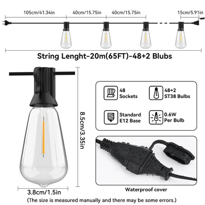 Utomhus Ljusslinga – ST38 Edison LED, Varmvit 2200K, Okrossbar, Vattentålig, 60FT/100FT, EU-kontakt