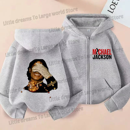Michael Jackson Thin Long Sleeve Zipper Jacket Boys Hooded Clothes Autumn Spring Singer MJ Zip Up Streetwear with Pocket Tops