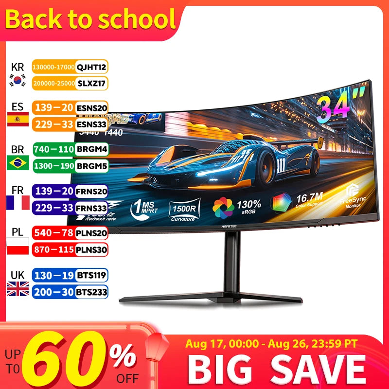 HGFRTEE B340Q Kurvig Gaming-skärm 34" WQHD – VA 3440x1440 165Hz 1500R 21:9 HDR 1ms Matt Yta HDMI