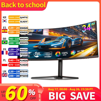 HGFRTEE B340Q Kurvig Gaming-skärm 34" WQHD – VA 3440x1440 165Hz 1500R 21:9 HDR 1ms Matt Yta HDMI