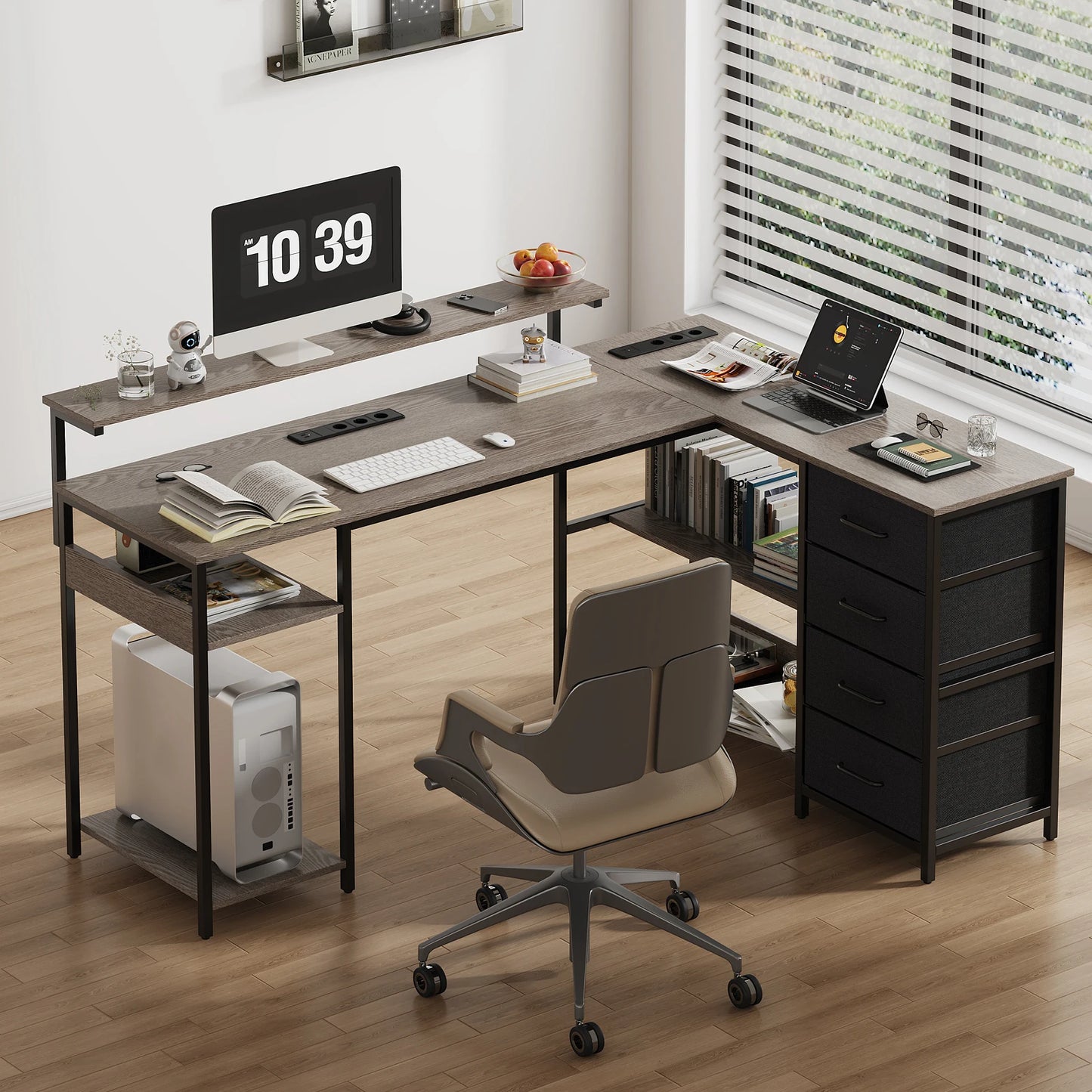 Black L-shaped gaming desk 120x110cm with monitor stand, drawers, cable cutout, and multiple shelves; office table for home use