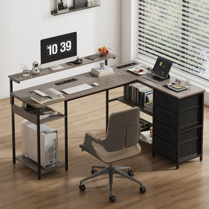 Black L-shaped gaming desk 120x110cm with monitor stand, drawers, cable cutout, and multiple shelves; office table for home use