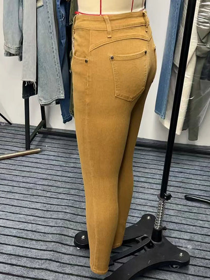 Women Pencil Pants Jeans Skinny Trousers High Waist Stretch Pockets Vintage Washed Female Streetwear Slim Full Length Denims