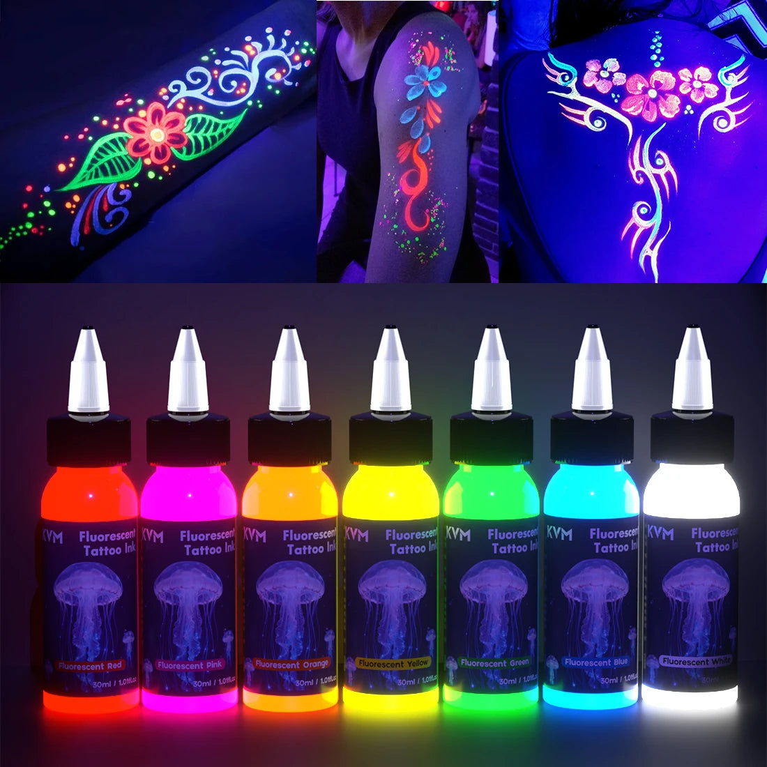 KVM 30ml 7 Color Fluorescent Tattoo Ink Pigment Body Art Ink Equipped with Ultraviolet Light Illumination Lamp Tattoo Supplies