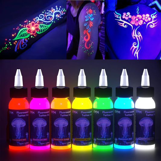 KVM 30ml UV Fluorescerande Tatueringsbläck 7 Färger – CPNP-certifierat Oljebaserat Glow-in-the-Dark Body Art UV-lampa Ingår 2026