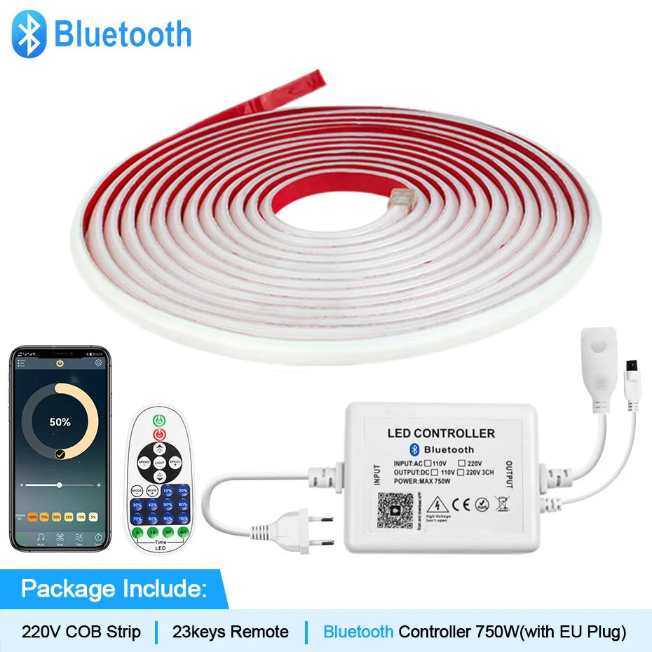 220V COB LED-ljusslinga – Tuya WiFi/Bluetooth/Fjärr, IP65, 288 LED/m, 0,5–50M, EU-kontakt