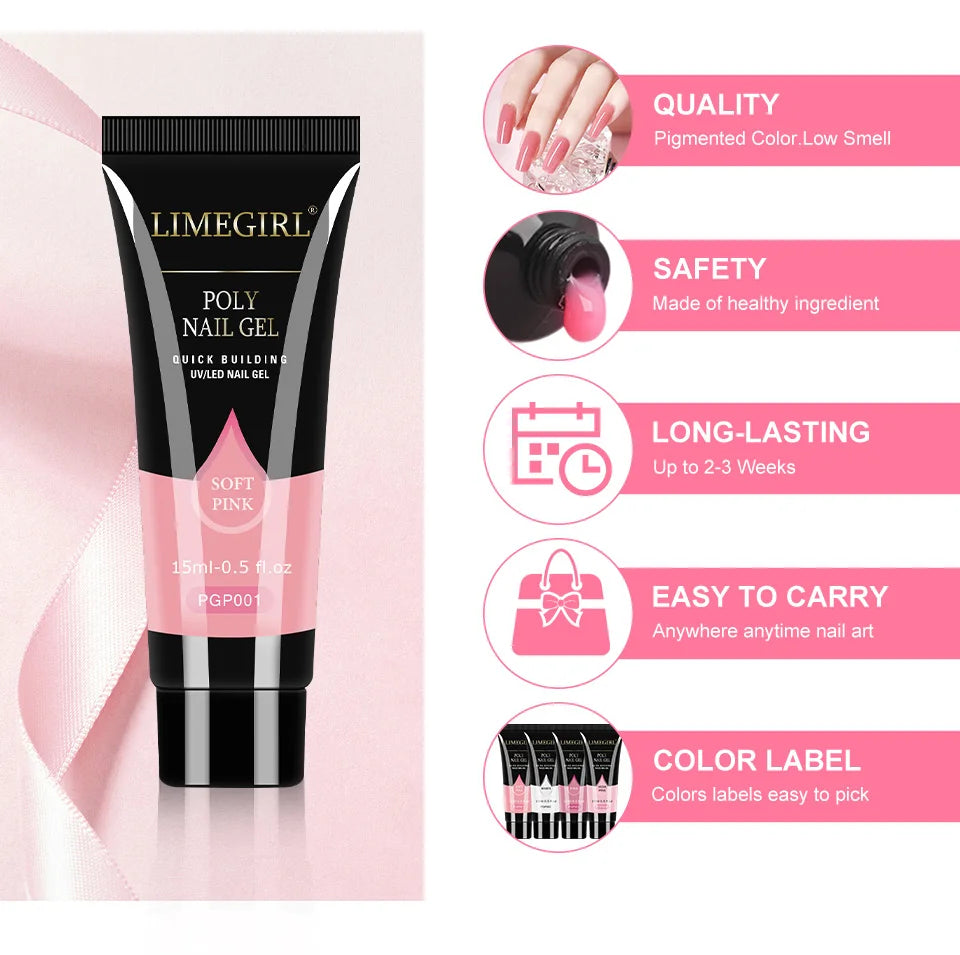 LIMEGIRL 25Colors Poly Extension Nail Gel For Nails Art Acrylic Manicure Design UV Varnishes Semi Permanent Quick Extension Gel