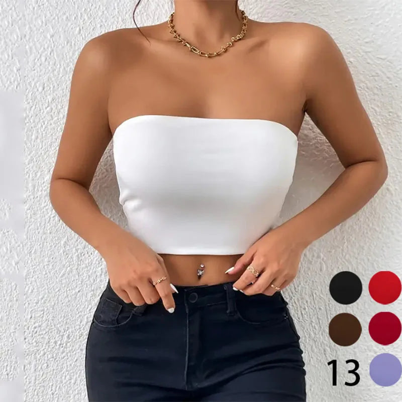 Dam Issilke Crop Top Sömlös – Axelbandslös Halkfri Tunn Andningsbar Sommar, 13 Färger XS–L