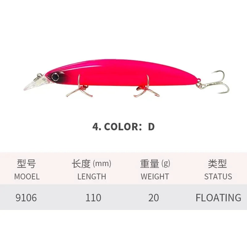 Floating Minnow Fishing Lures 110MM 20g Sea Ocean Beach Fishing Artificial Hard Bait Fishing Tackle for Bass Pike Perch Pesca
