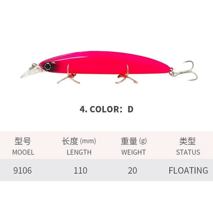 Floating Minnow Fishing Lures 110MM 20g Sea Ocean Beach Fishing Artificial Hard Bait Fishing Tackle for Bass Pike Perch Pesca