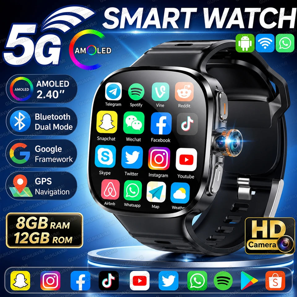 Smartklocka Herr 2026 – 4G/5G SIM, 8GB+128GB, 2,4" AMOLED, GPS, WiFi, Videosamtal & Android-appar