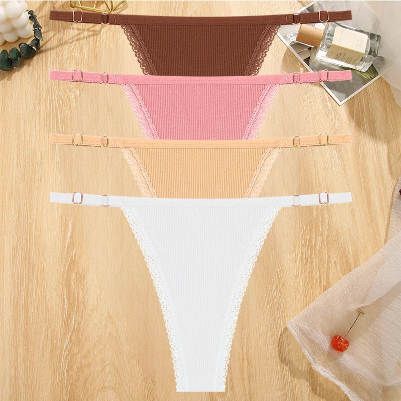 4Pc G-String Cotton Lace Women Thongs Lingerie Low Rise Panties Adjustable Waistband Straps Hipster Underwear For Girl Intimates