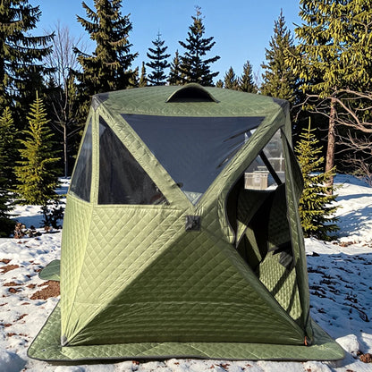 High Quality Snow-Resistant Cube Shape Pop-Up Sauna Tent for Ice Fishing Waterproof Automatic Portable Oxford Material Two Doors