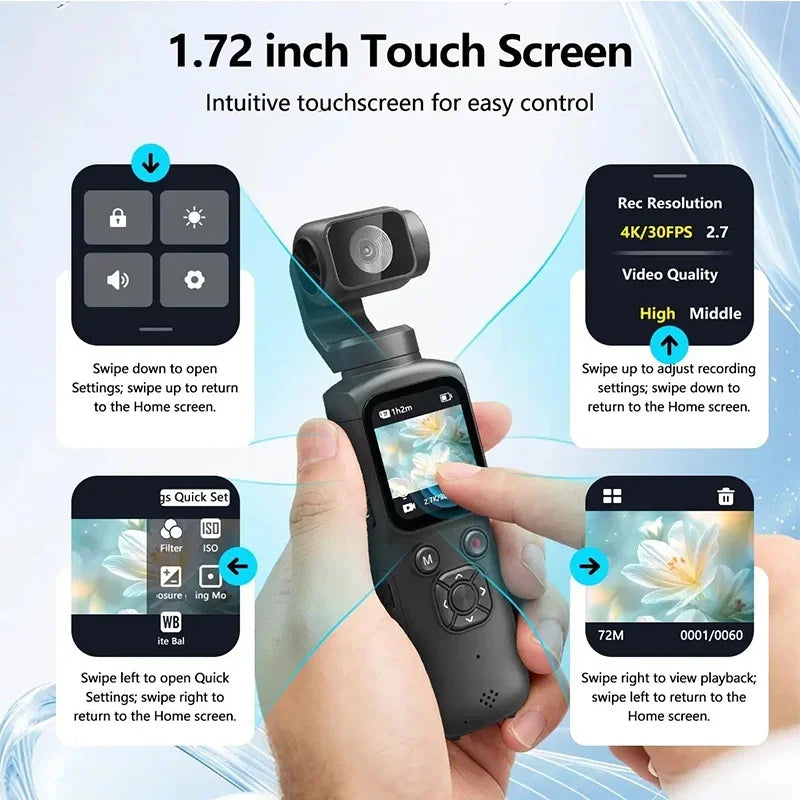 4K  Action Camera 180° Auto-rotate Len Pocket Camera 1.9" Touchscreen Zoom Sport Cam Portable Vlog Video Recorder Cycling